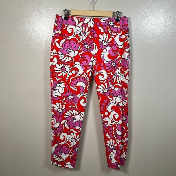 Trina Turk Moss 2 Pants Size 6 Red Pink Floral Tapered Cropped Tropical Preppy - Picture 1 of 10